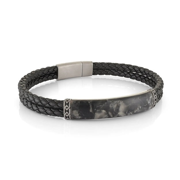 Italgem steel 8.75" Special Stone ID Plate Black Leather Bracelet.