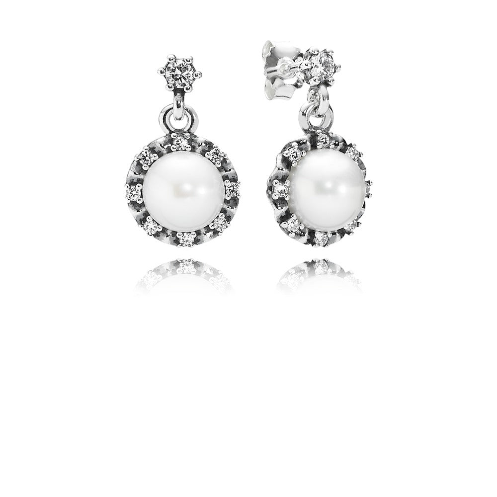 Silver hanging earring with white freshwater cultured pearl and cubic