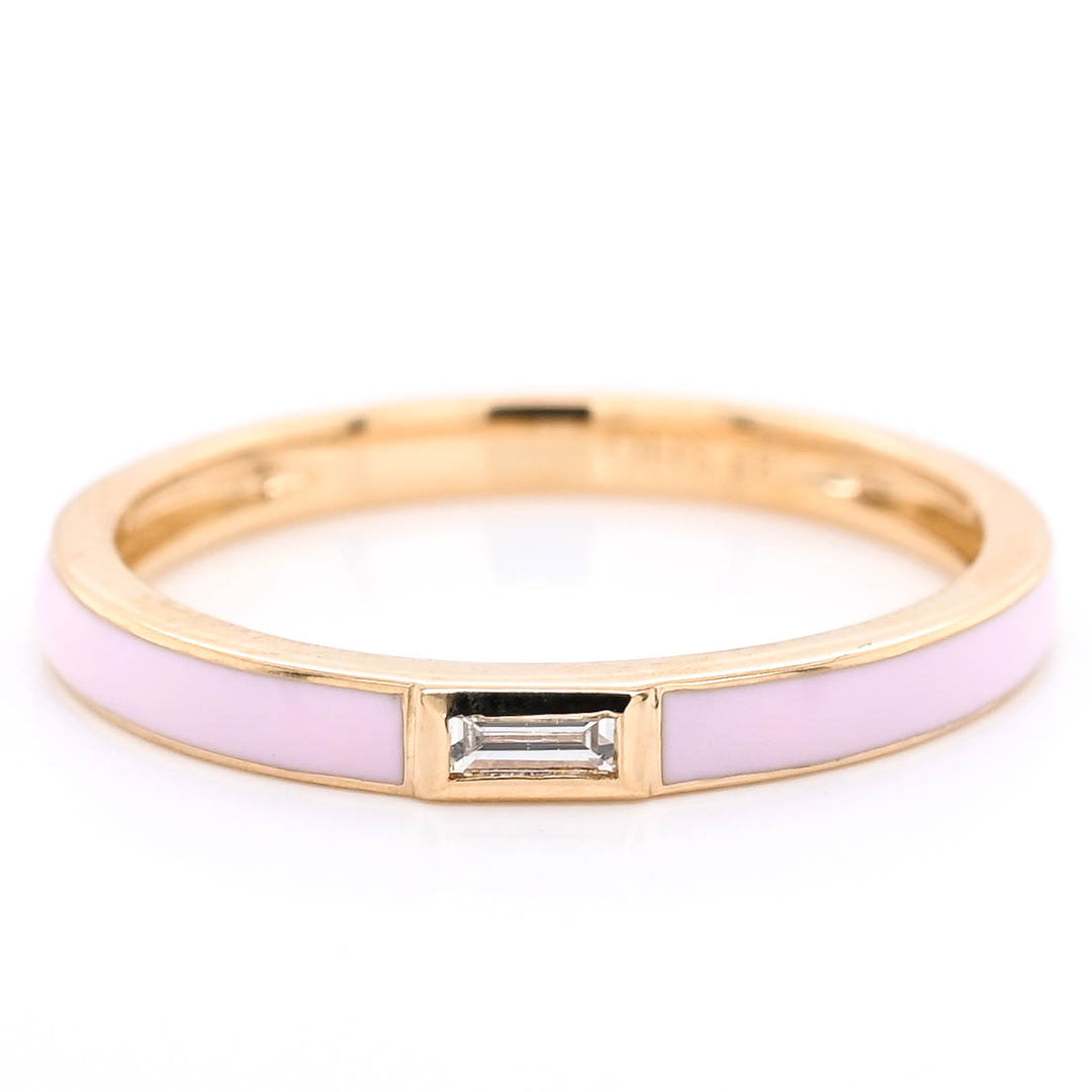 14KT Yellow Gold 0.05CT Baguette Diamond and Pink Enamel Ring.