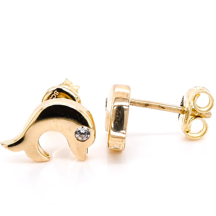 10KT Yellow Gold C.Z Dolphin Stud Earrings.