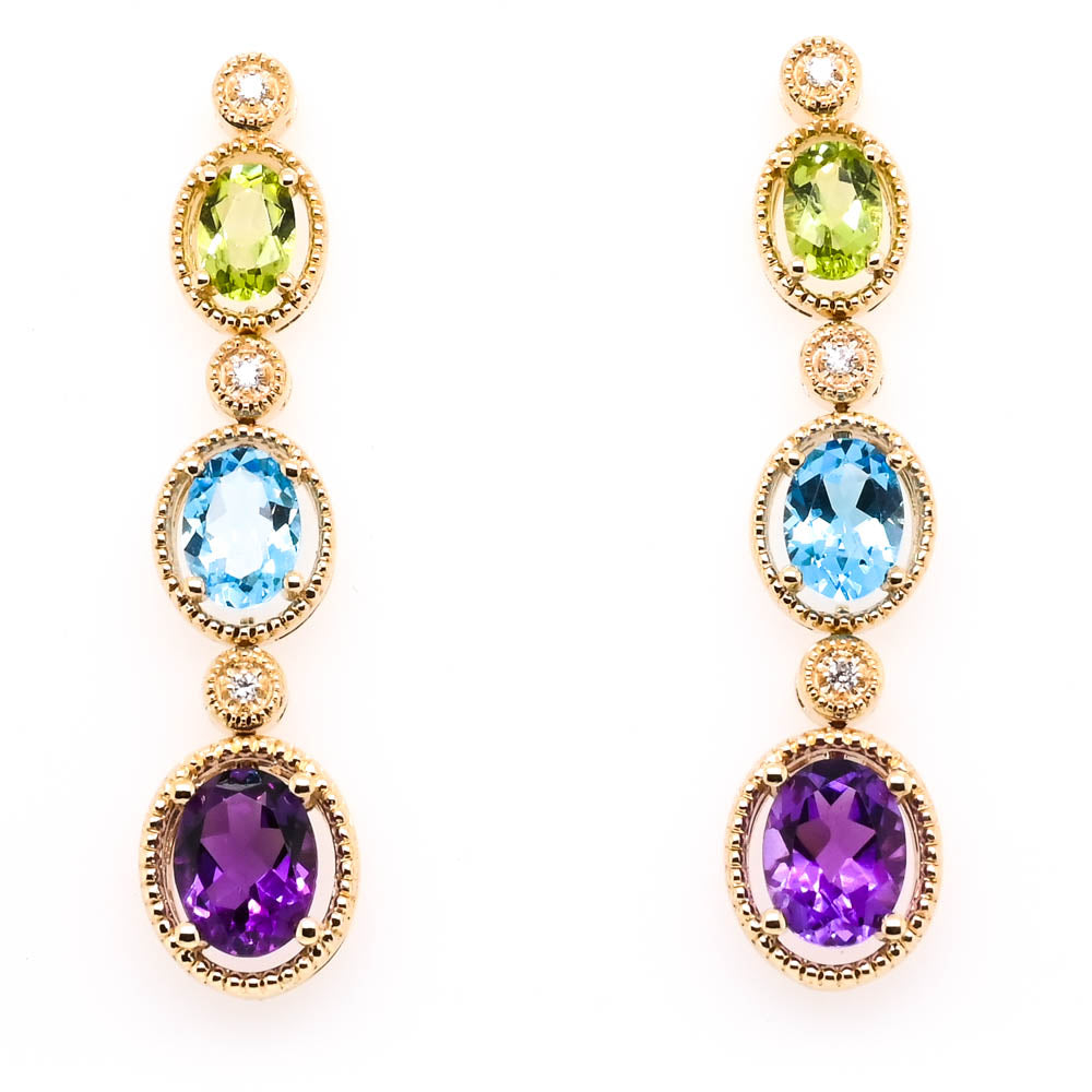 10KT Yellow Gold Peridot, Amethyst , Blue Topaz & Diamond Drop Earrings.