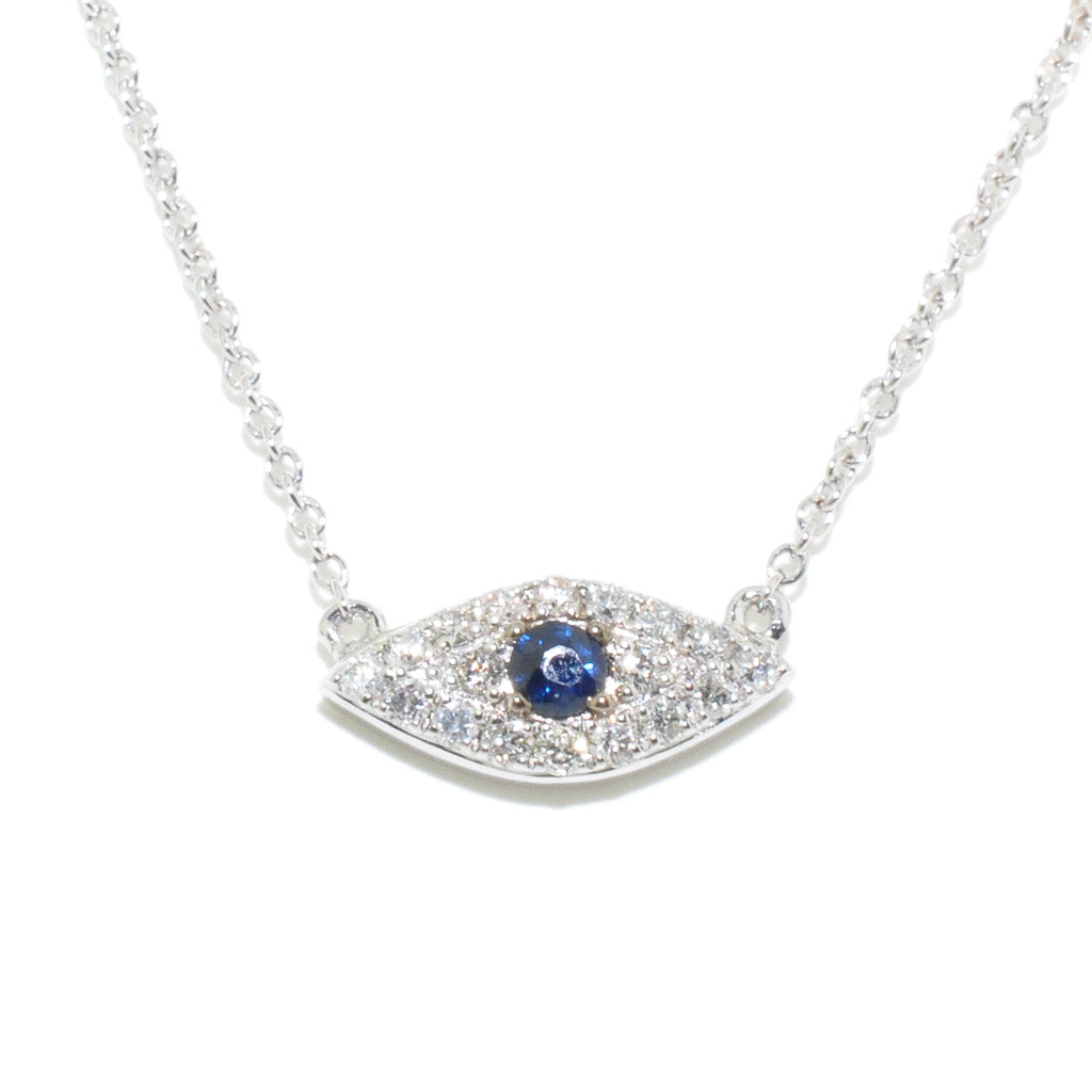 14KT White Gold 18" Blue Sapphire and Diamond Evil Eye Necklace.
