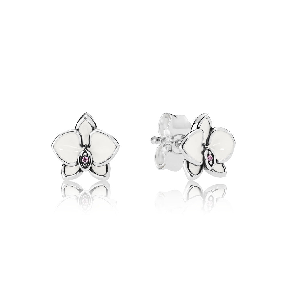 Orchids, White Enamel & Clear CZ