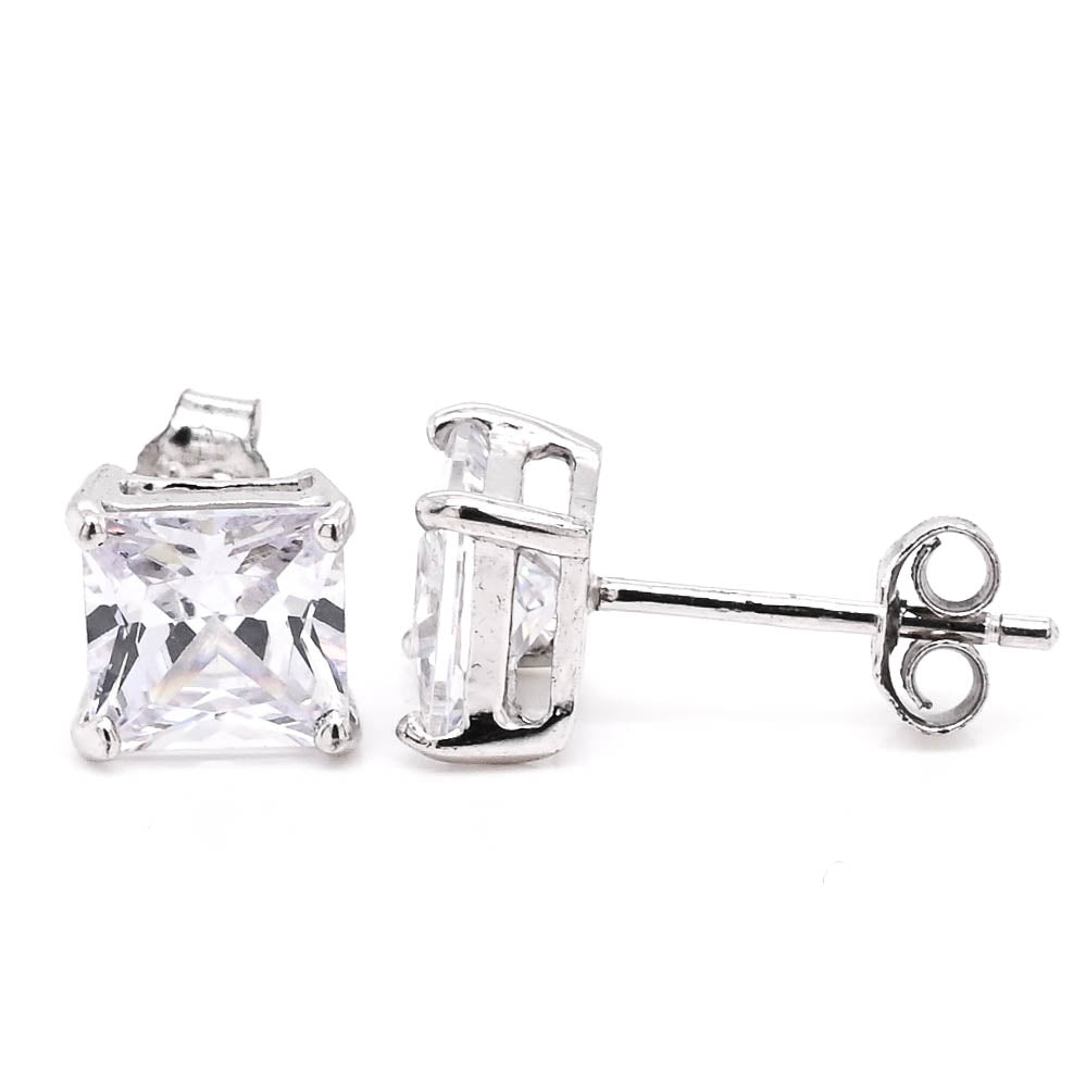 Sterling Silver 6mm Princess Cut C.Z Stud Earrings