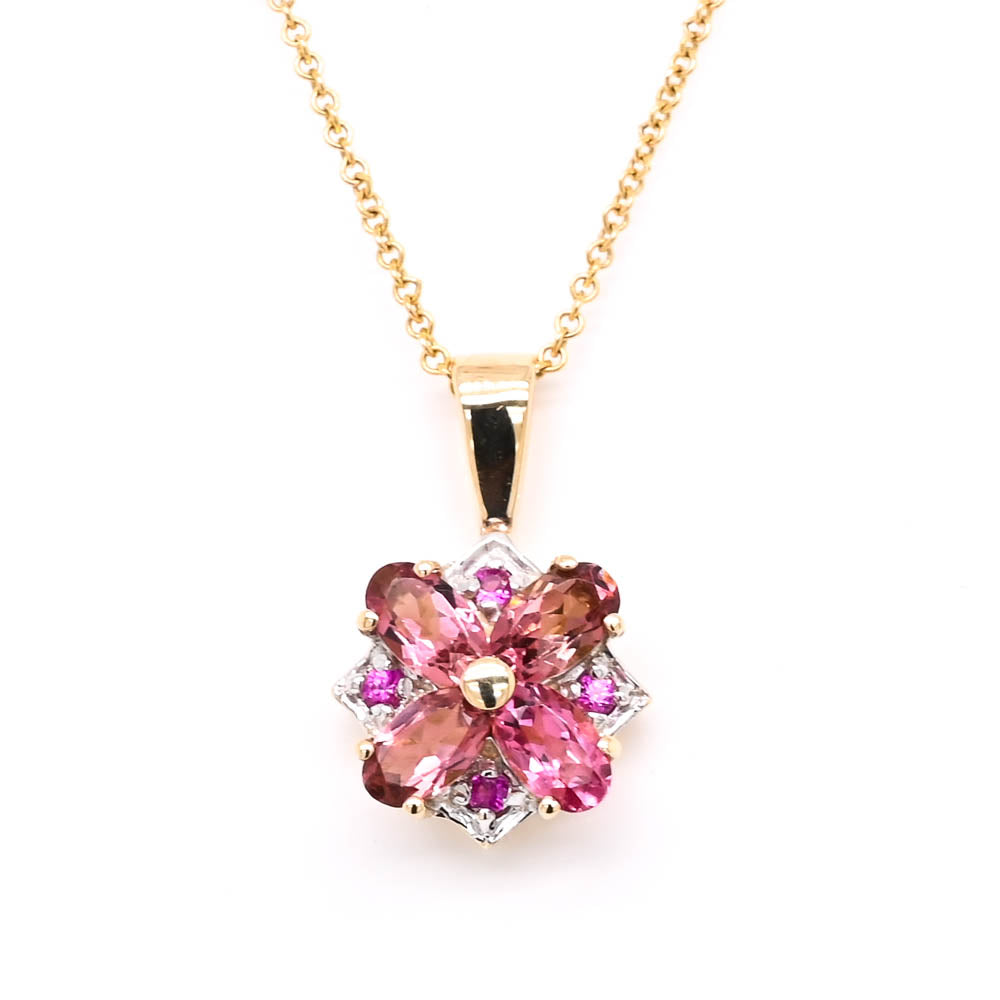 10KT Yellow Gold 18" Pink Tourmaline Flower Necklace.