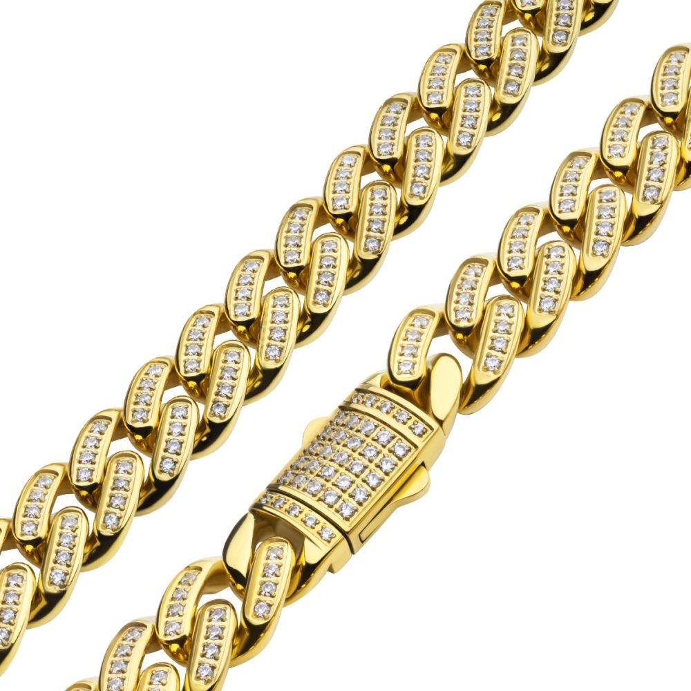 INOX Stainless Steel 24" 12mm 18KT Gold IP Miami Cuban C.Z Necklace.