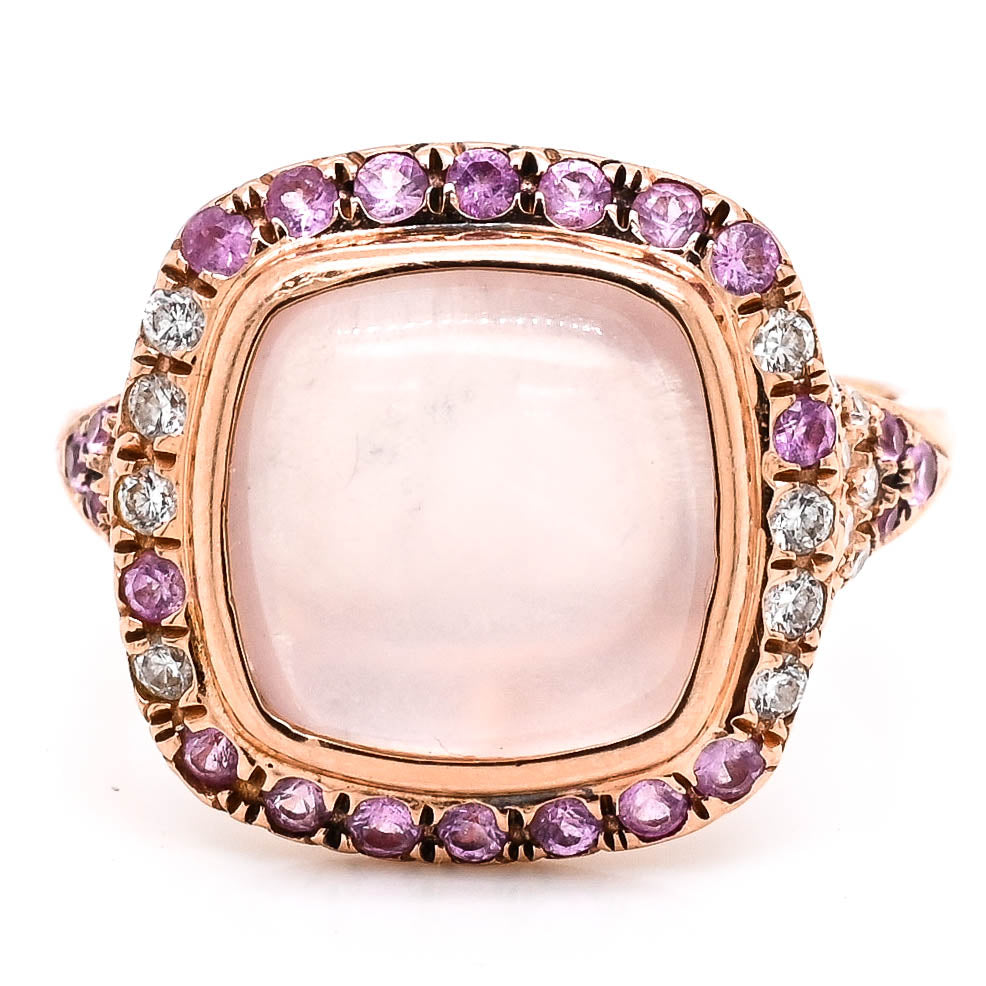 14KT Rose Gold Cabachon Rose Quartz, Diamond & Pink Sapphire Ring.