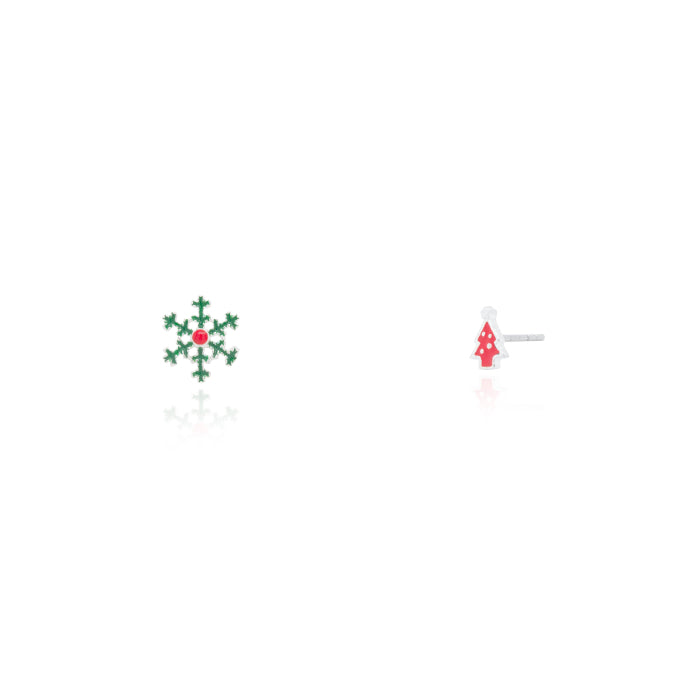 Sterling Silver Enamel Mismatched Snowflake & Christmas Tree Stud Earrings.