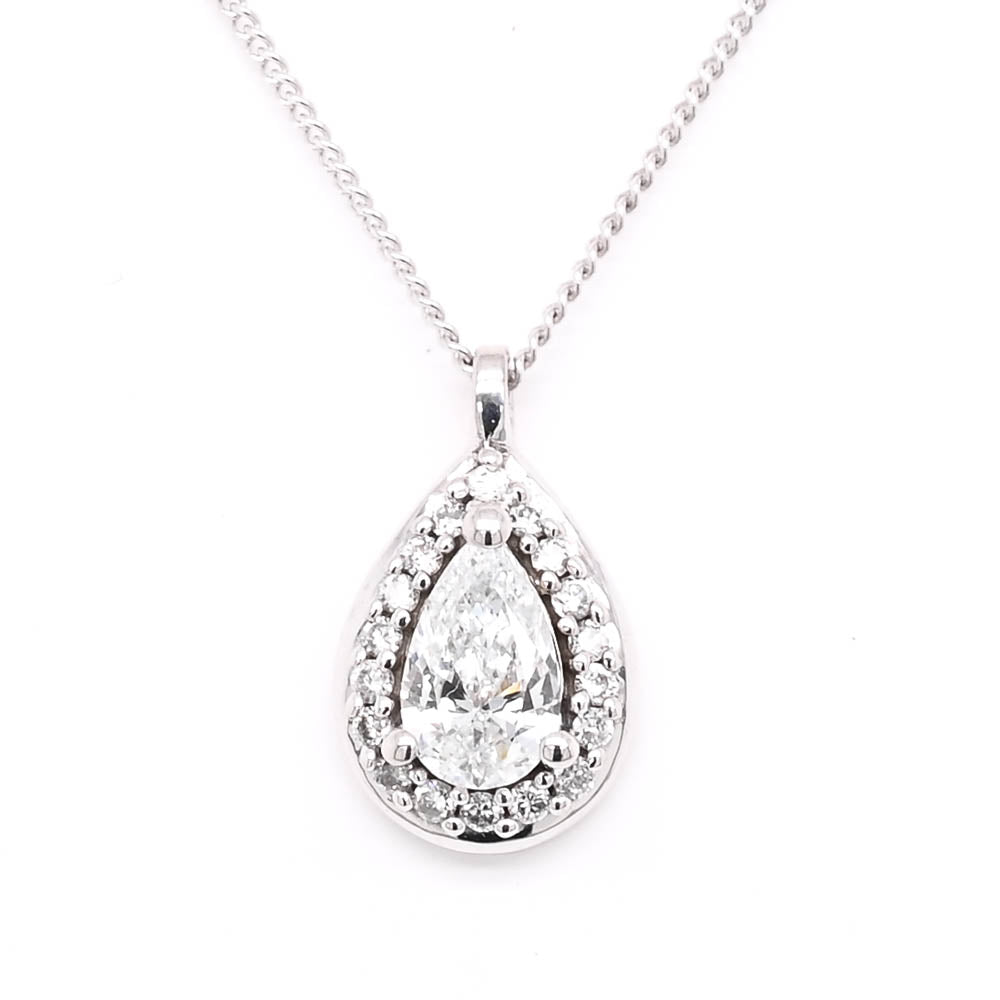 LUJO 10KT White Gold 18" 0.32CTW Pear Shape LAB Created Halo Set Diamond Necklace.