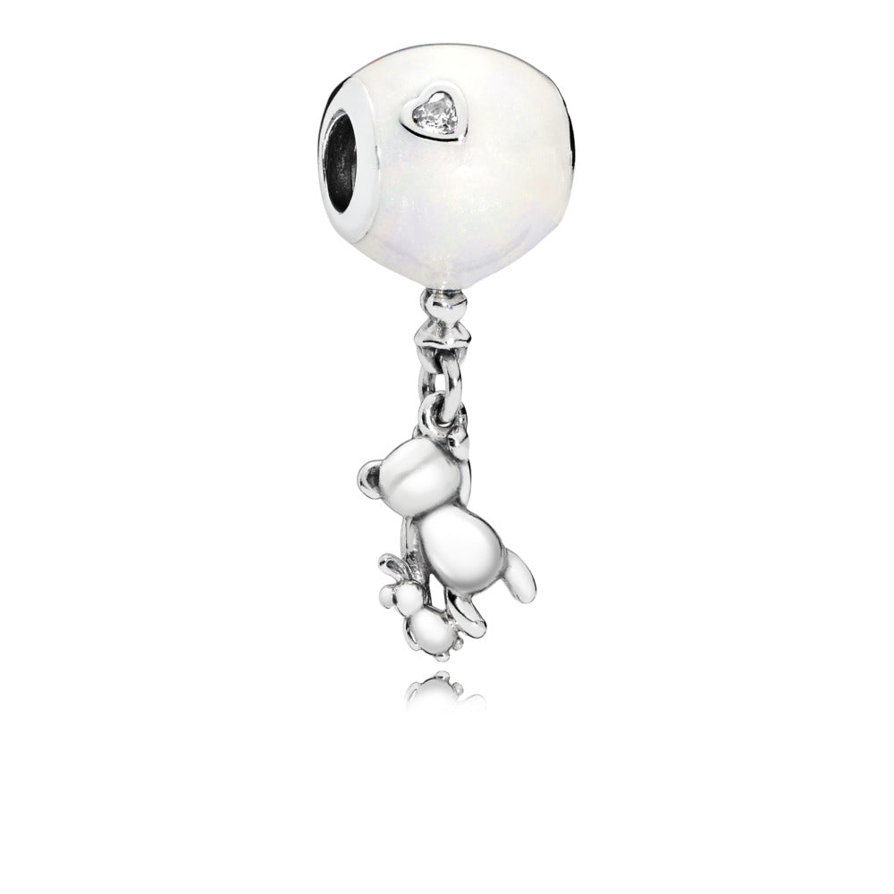Balloon, teddy and rabbit silver charm with silver enamel and clear cu