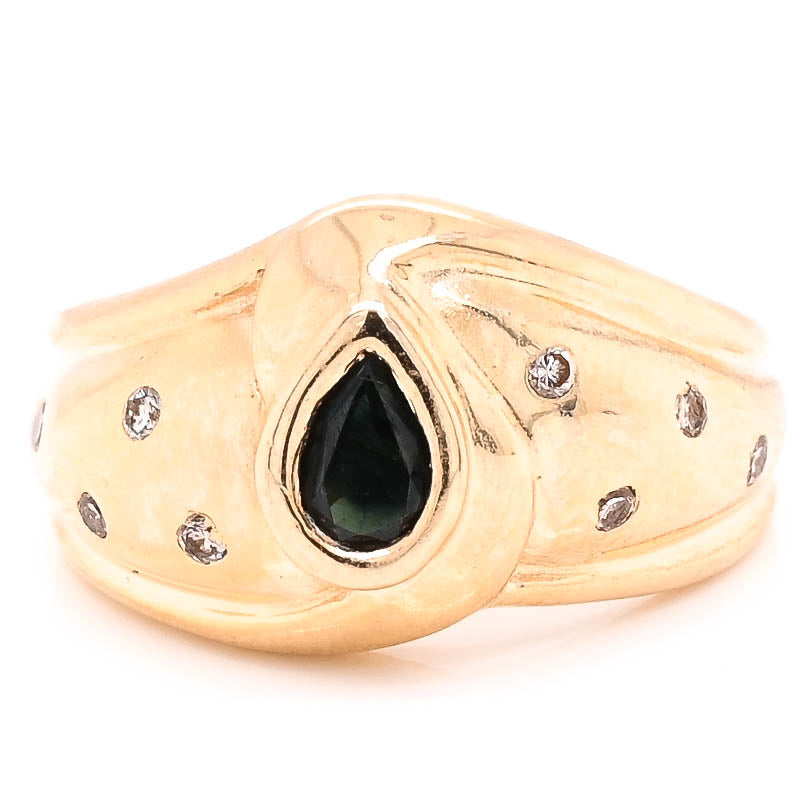 14KT Yellow Gold Pear Shape Blue Sapphire $ Diamond Ring.