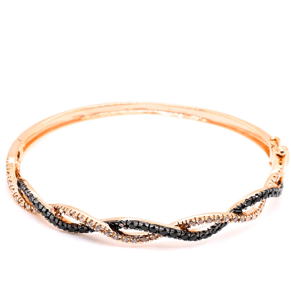 14KT Rose Gold 1.00CTW Black & White Diamond Hinged Bangle.