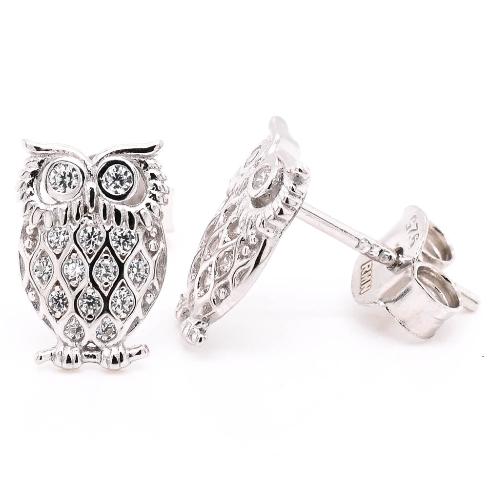 Sterling Silver C.Z Owl Stud Earrings.