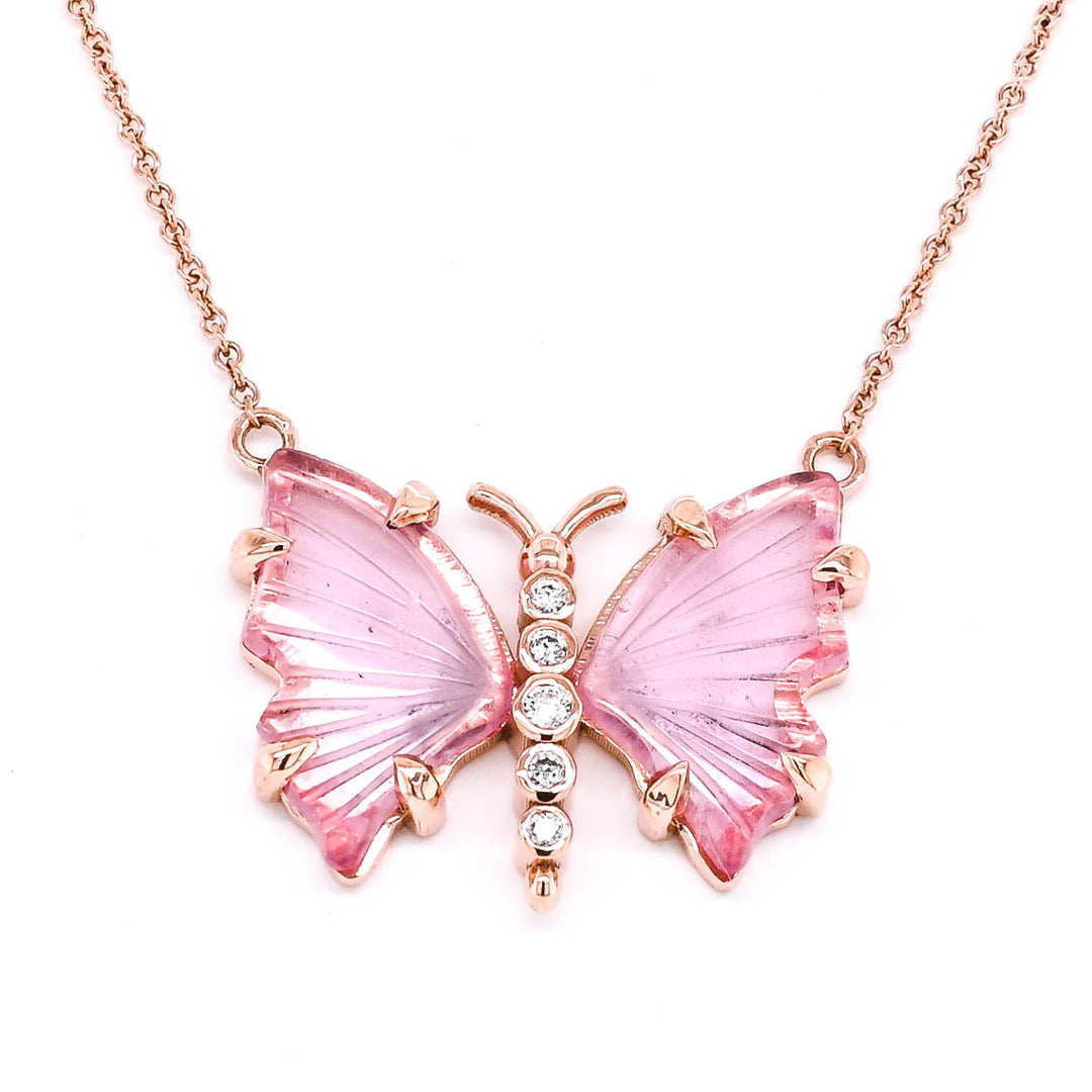 10KT Rose Gold 18" Pink Tourmaline & Diamond Butterfly Necklace.