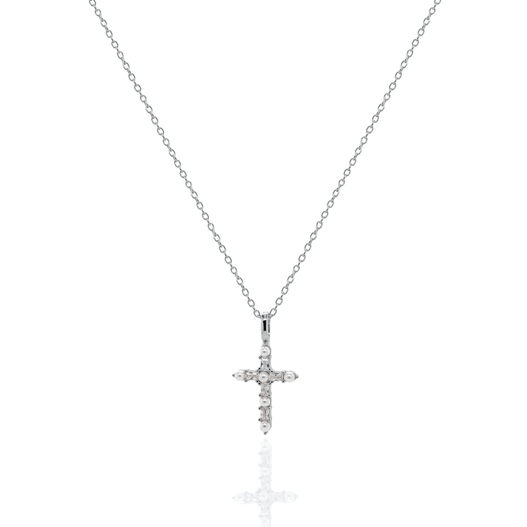 Sterling Silver 18" Pearl Cross Necklace.