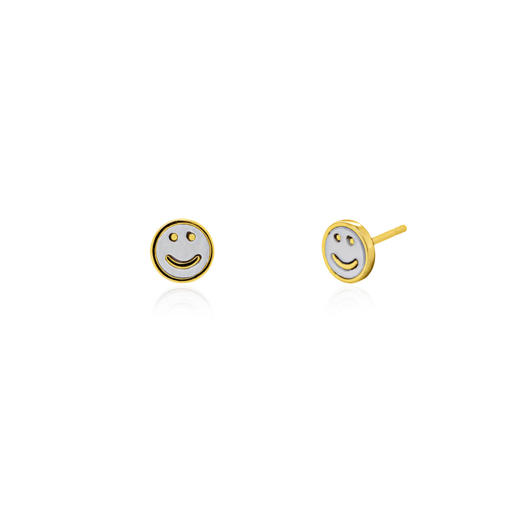 Sterling Silver Round MOP Smiley Face Stud Earrings