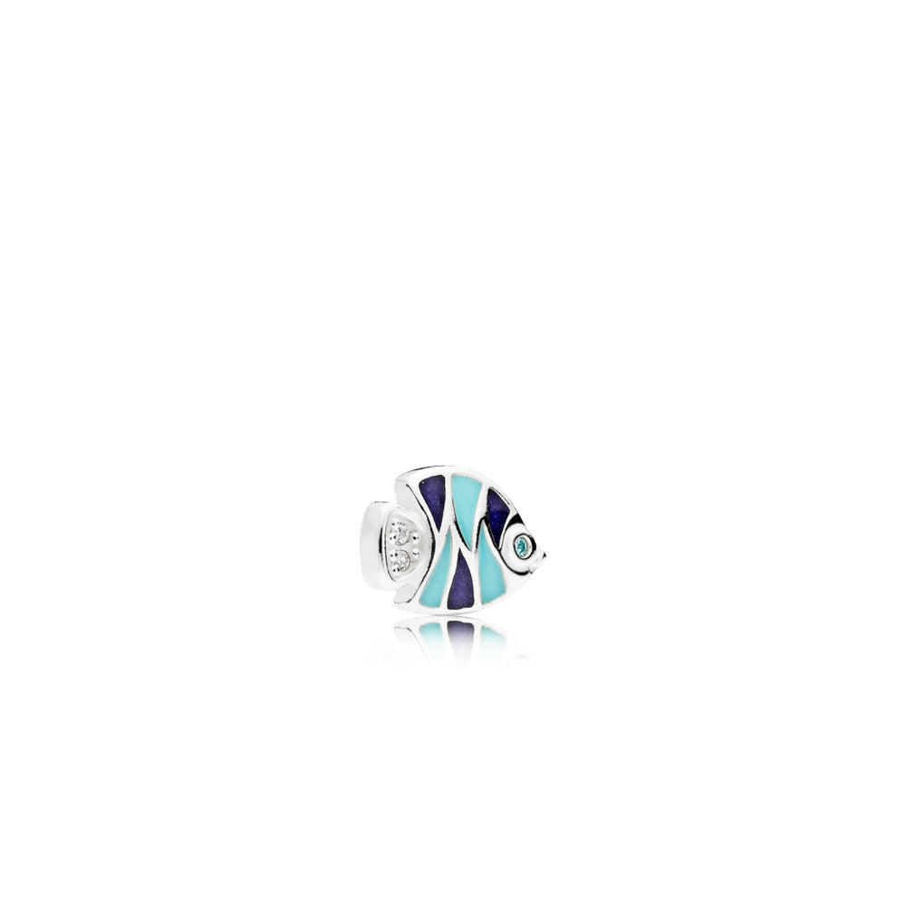 Fish silver element with frosty mint, clear cubic zirconia and blue en