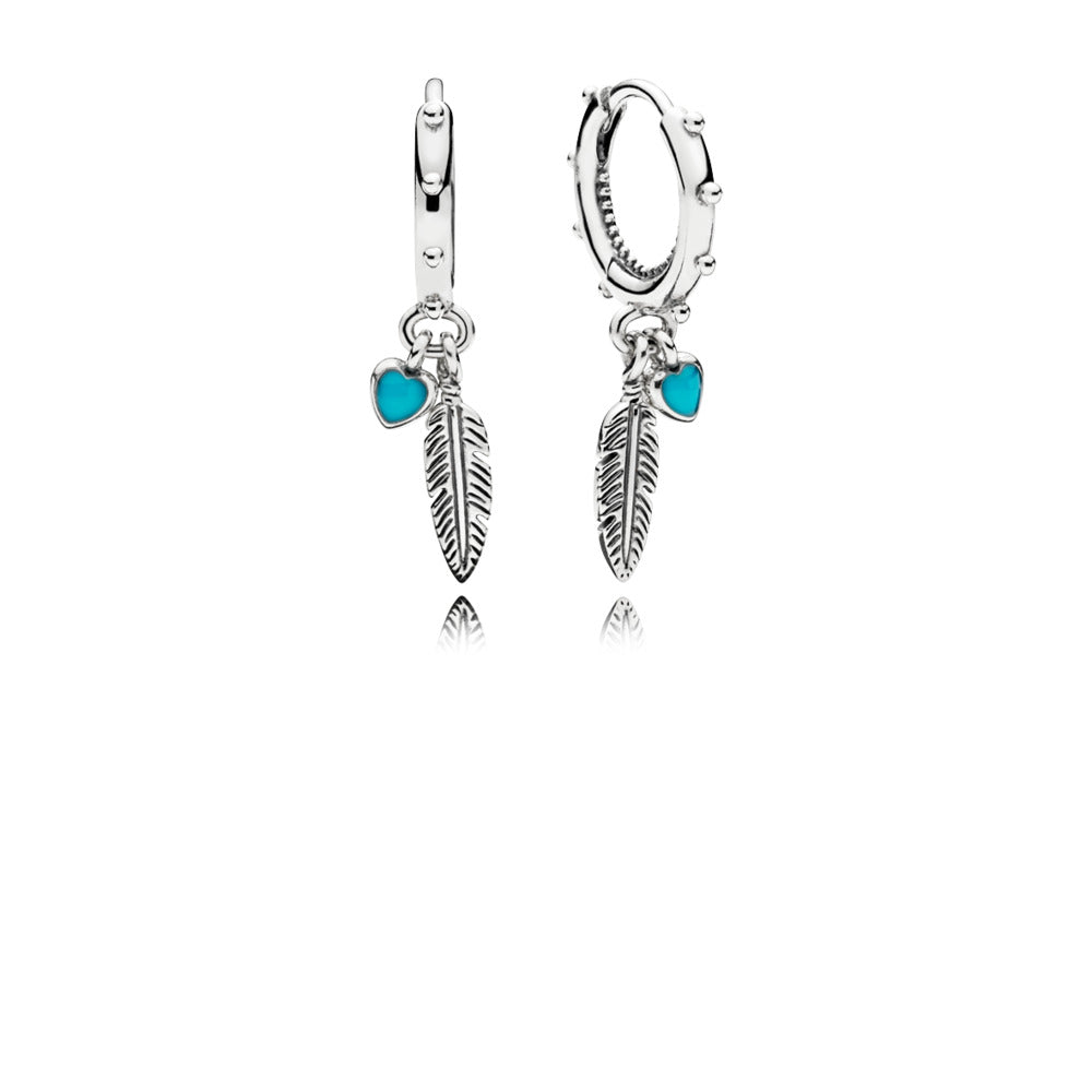 Pandora Turquoise Hearts & Feather Hoop Earrings