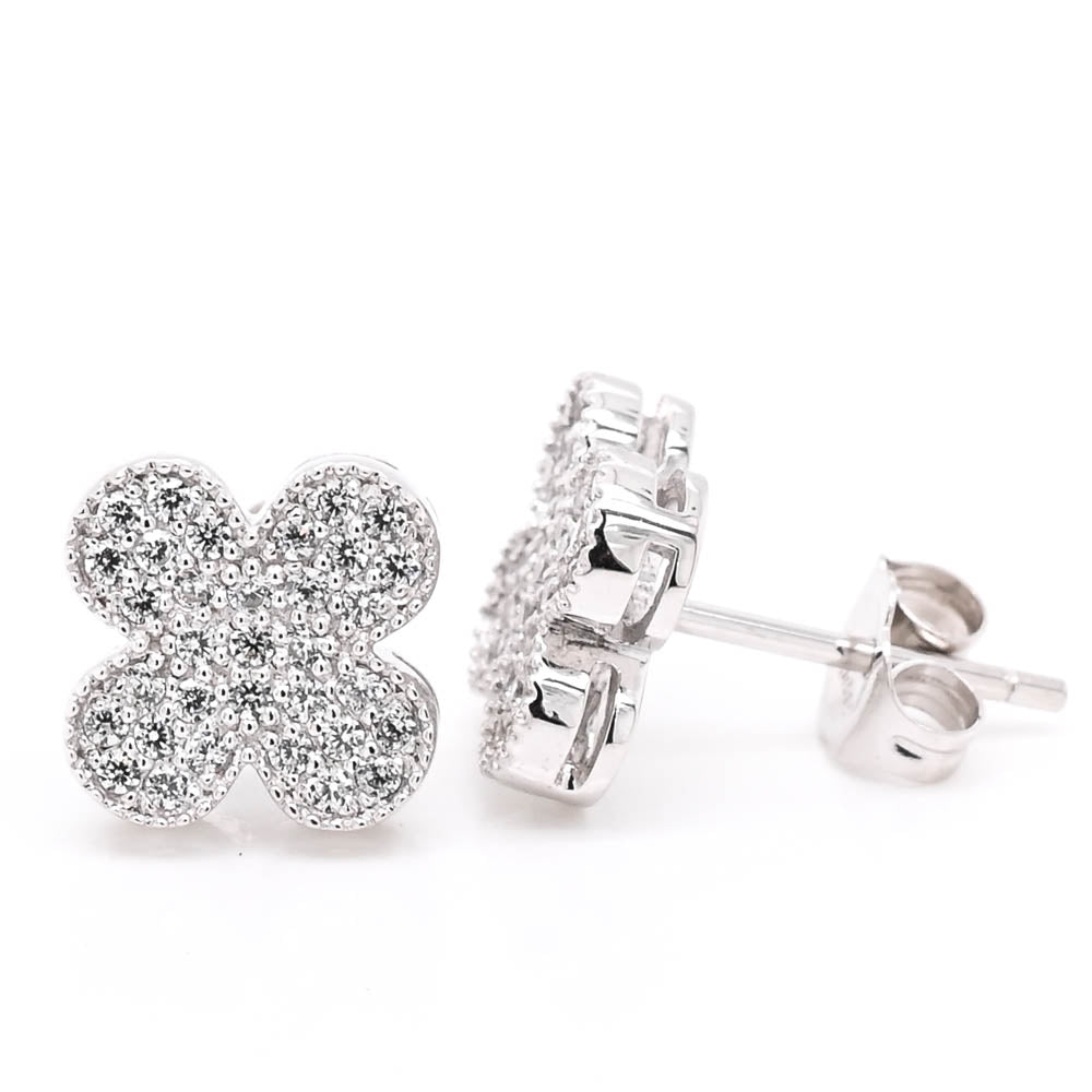 14KT White Gold C.Z Clover Stud Earrings.