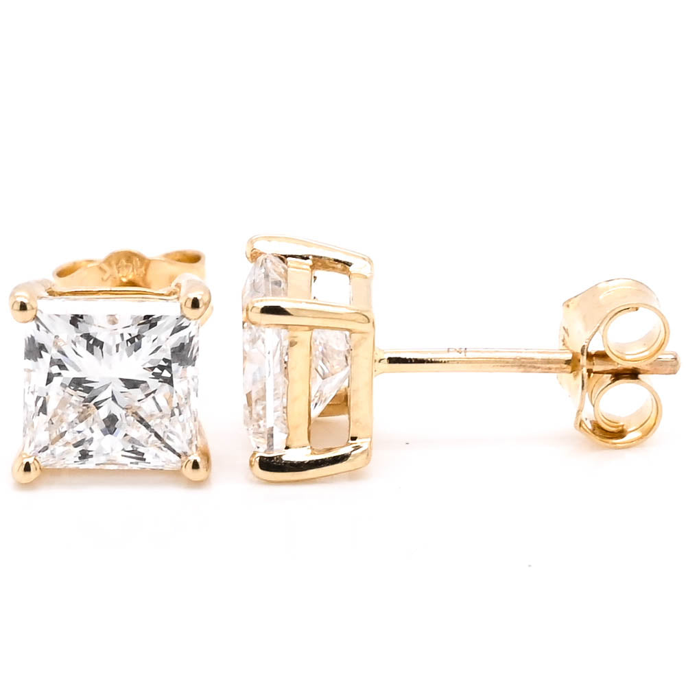 14KT Yellow Gold 3.00CTW Princess Cut Lab Grown Diamond Stud Earings.