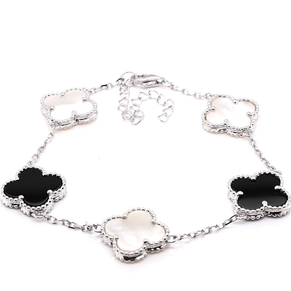 Sterling Silver 8" Black Onyx & Mother of pearl Flower Bracelet.
