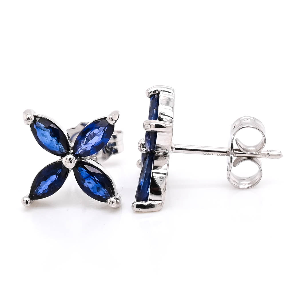 14KT White Blue Sapphire Flower Stud Earrings.