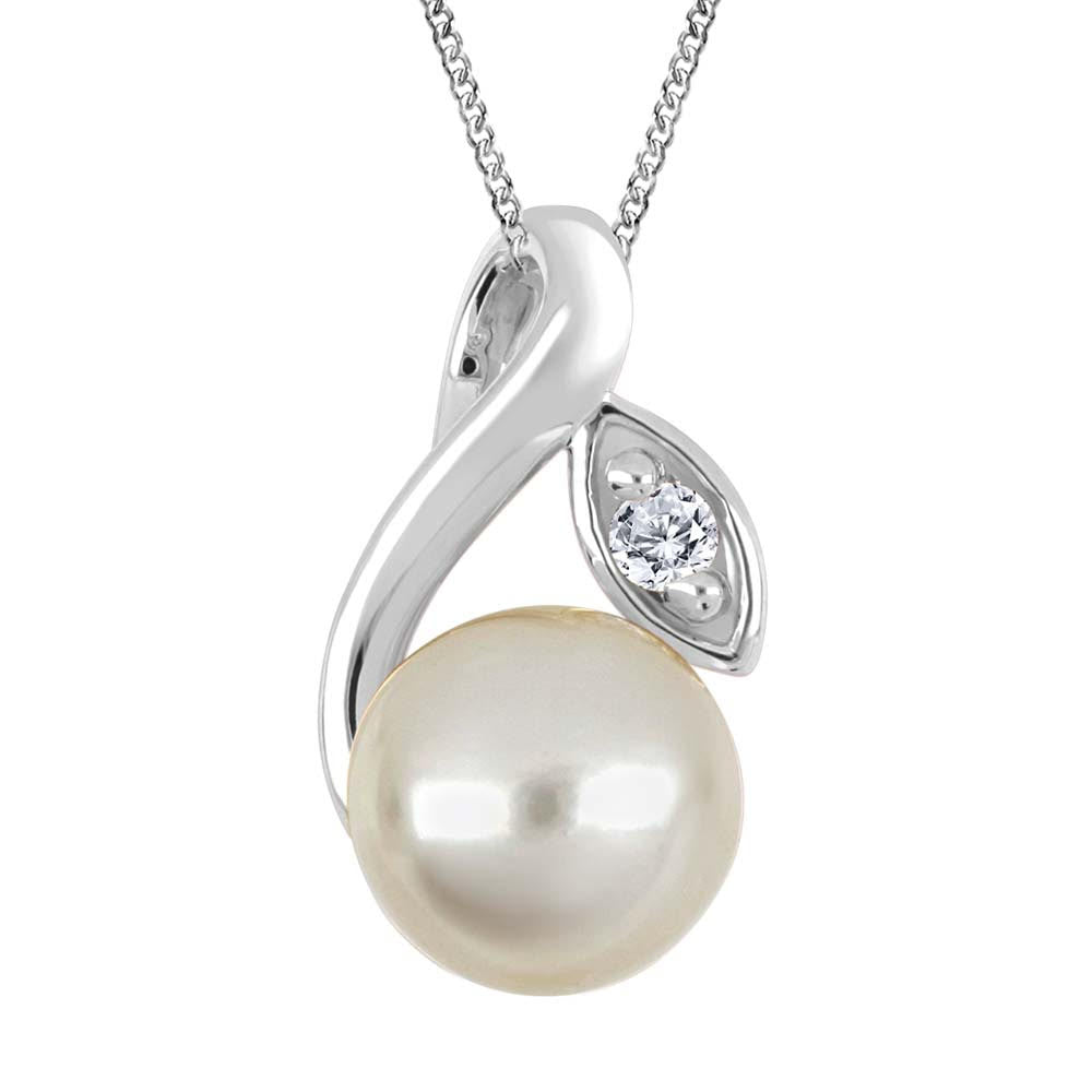 Mothers Day Sterling Silver 18" 6.5-7mm Freshwater Pearl & Lab Created Diamond Necklace.