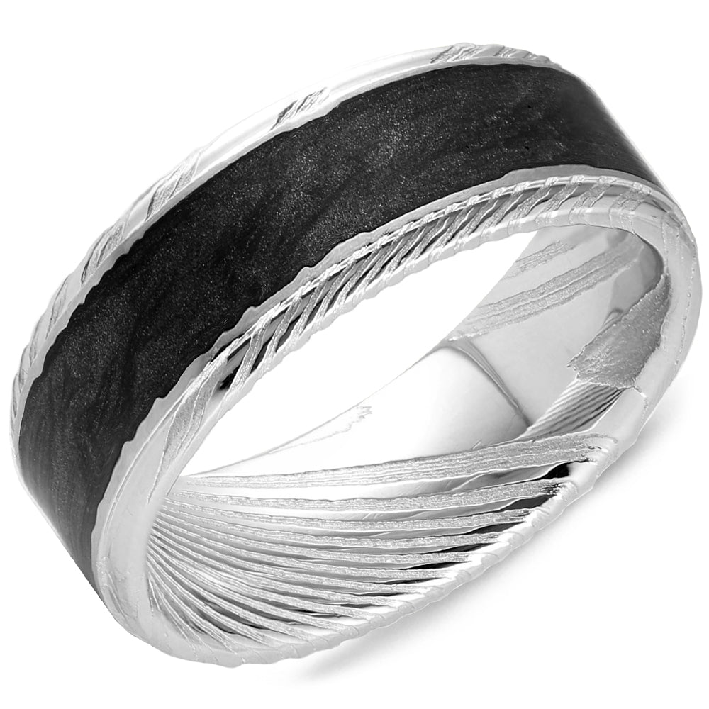 Torque Black Carbon Inlay & Damascus Steel Ring.