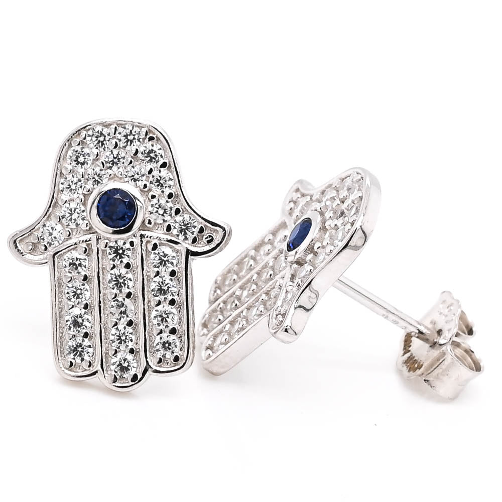 Sterling Silver C.z Hamsa Stud Earrings.