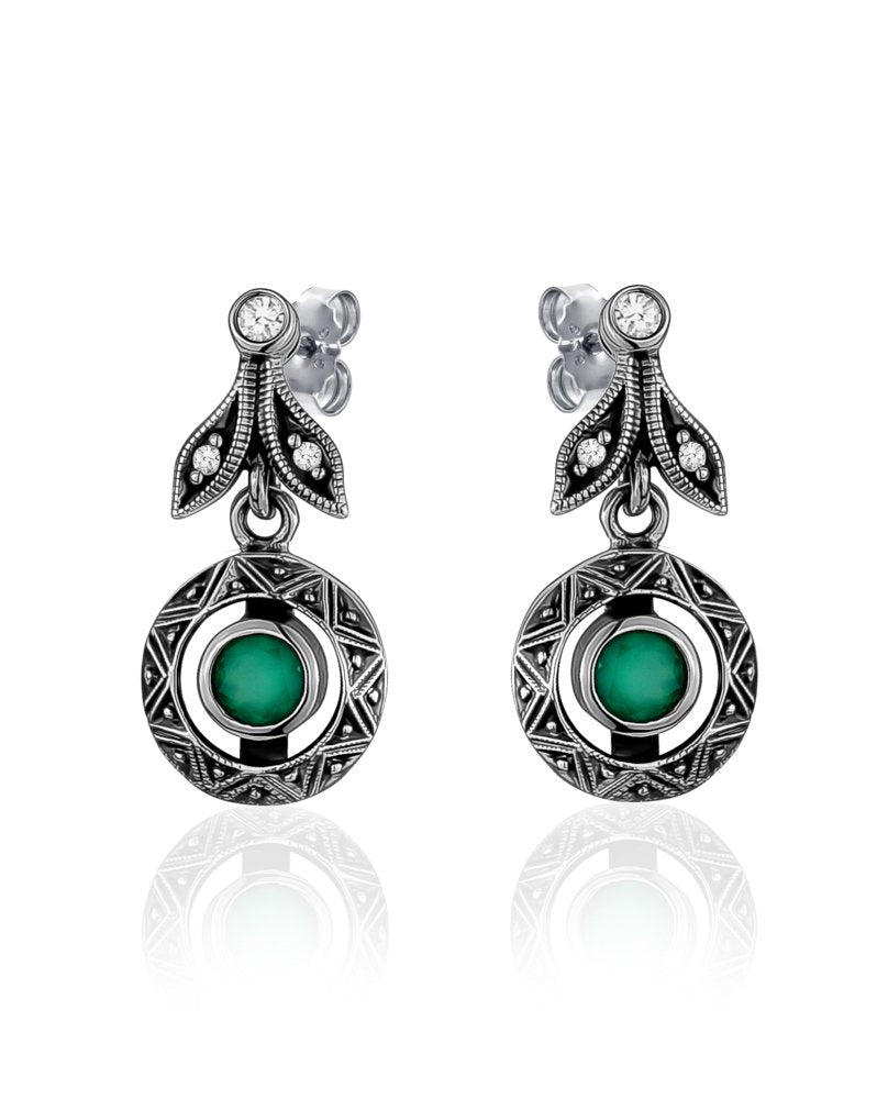 Larus Oxidized Silver Green Chalcedony C.Z Drop Earrings.