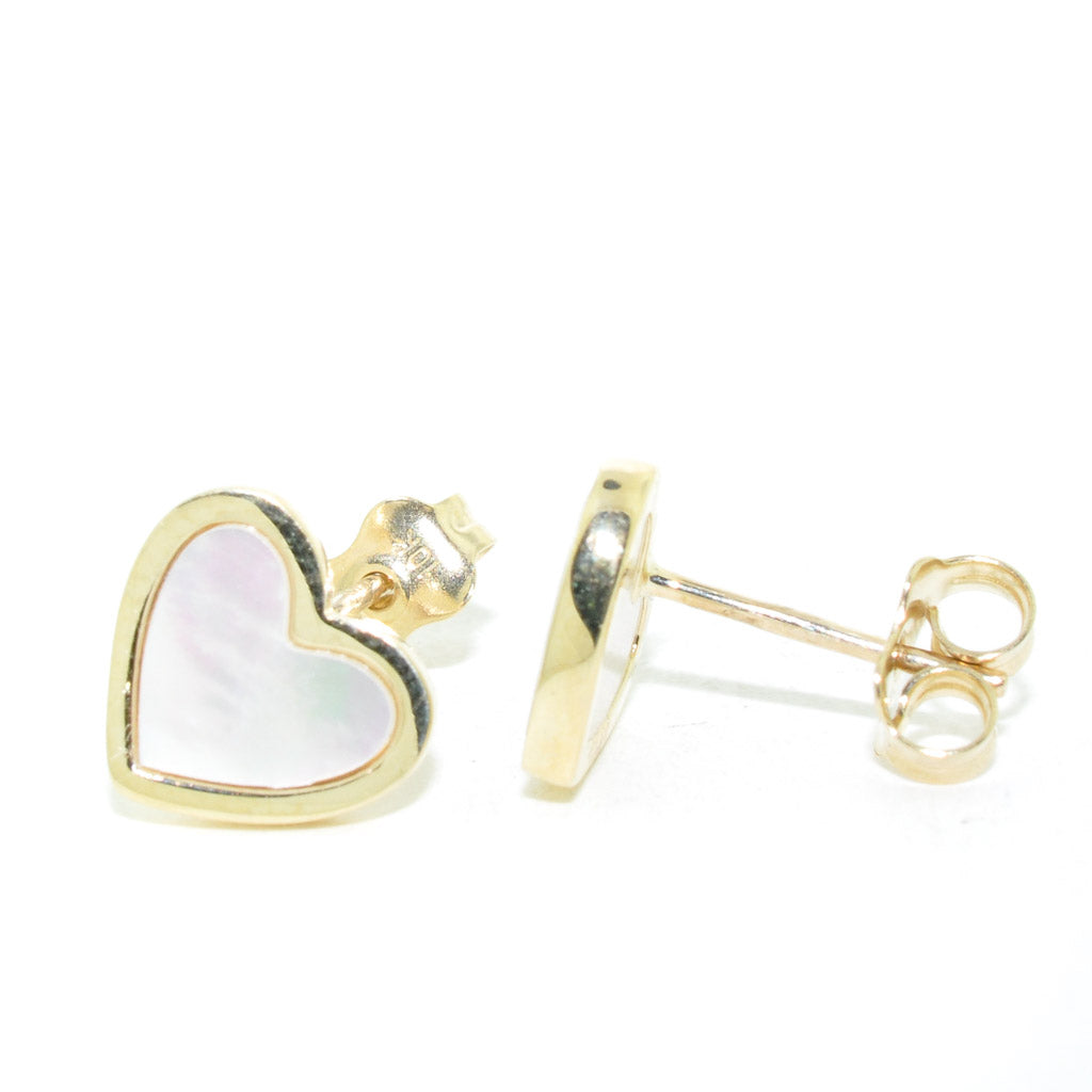 10KT Yellow Gold 8MM Heart Shaped Mother Of Pearl Stud Earrings.