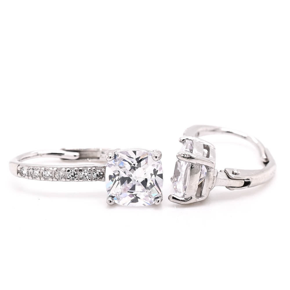 Sterling silver Cushion Cut C.Z Leverback Earrings.
