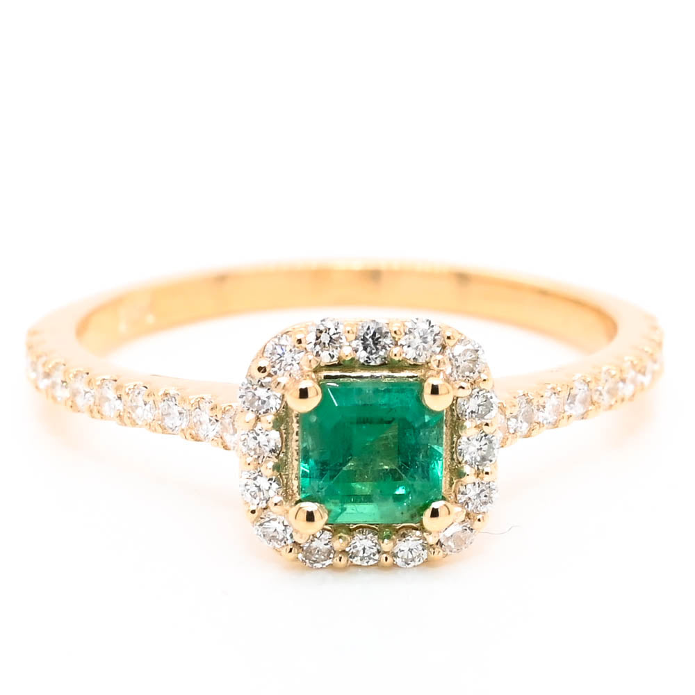 14KT Yellow Gold 0.38CT Princess Cut Emerald & Diamond Halo Set Ring.