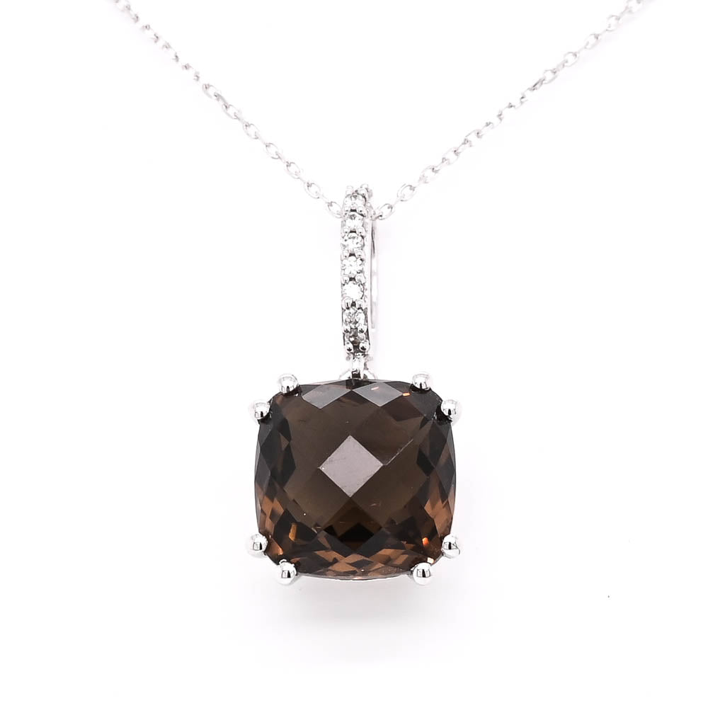 14KT White Gold 18" 3.59CT Cushion Shape Smoky Quartz & Diamond Neckla