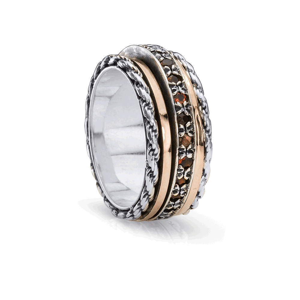 Endless Meditation Ring. Sterling Silver, 9KT Rose Gold, and Garnet. Size 9.