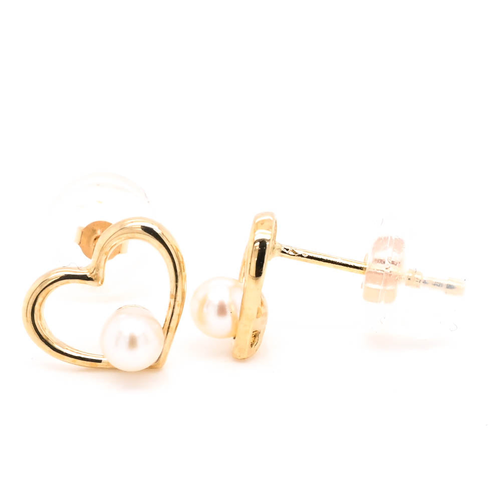 10KT Yellow Gold 2mm Freshwater Pearl Stud Heart Earrings.
