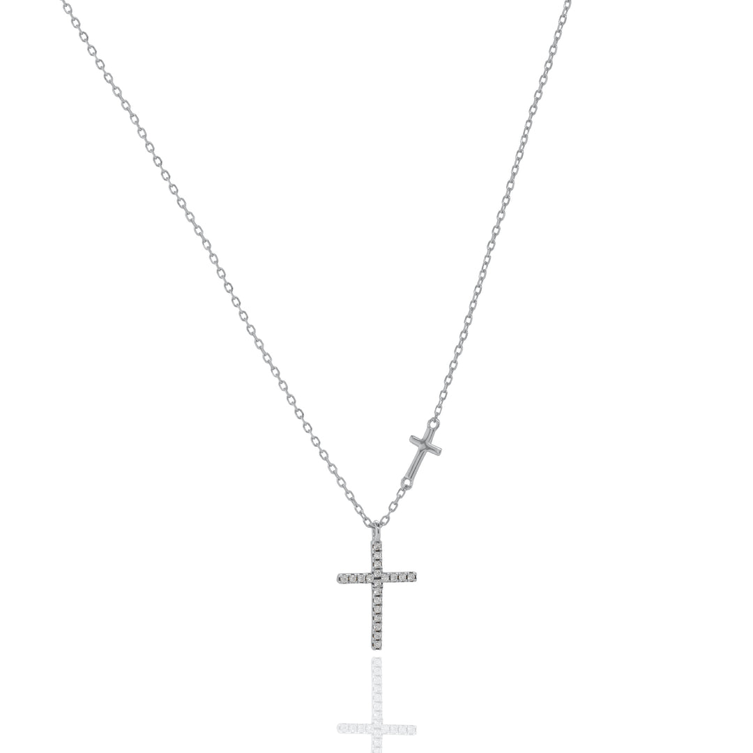 Sterling Silver 16" CZ Pave Cross with a Dainty Floating Plain Cross Necklace