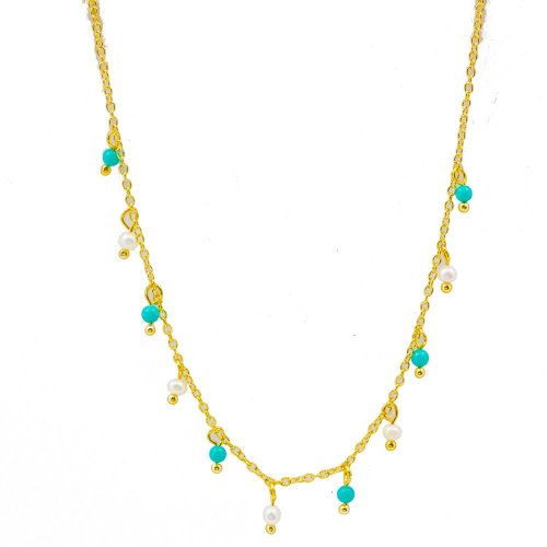 Sterling Silver Gold Plated 16" Turquoise and Pearl Beaded Necklace
