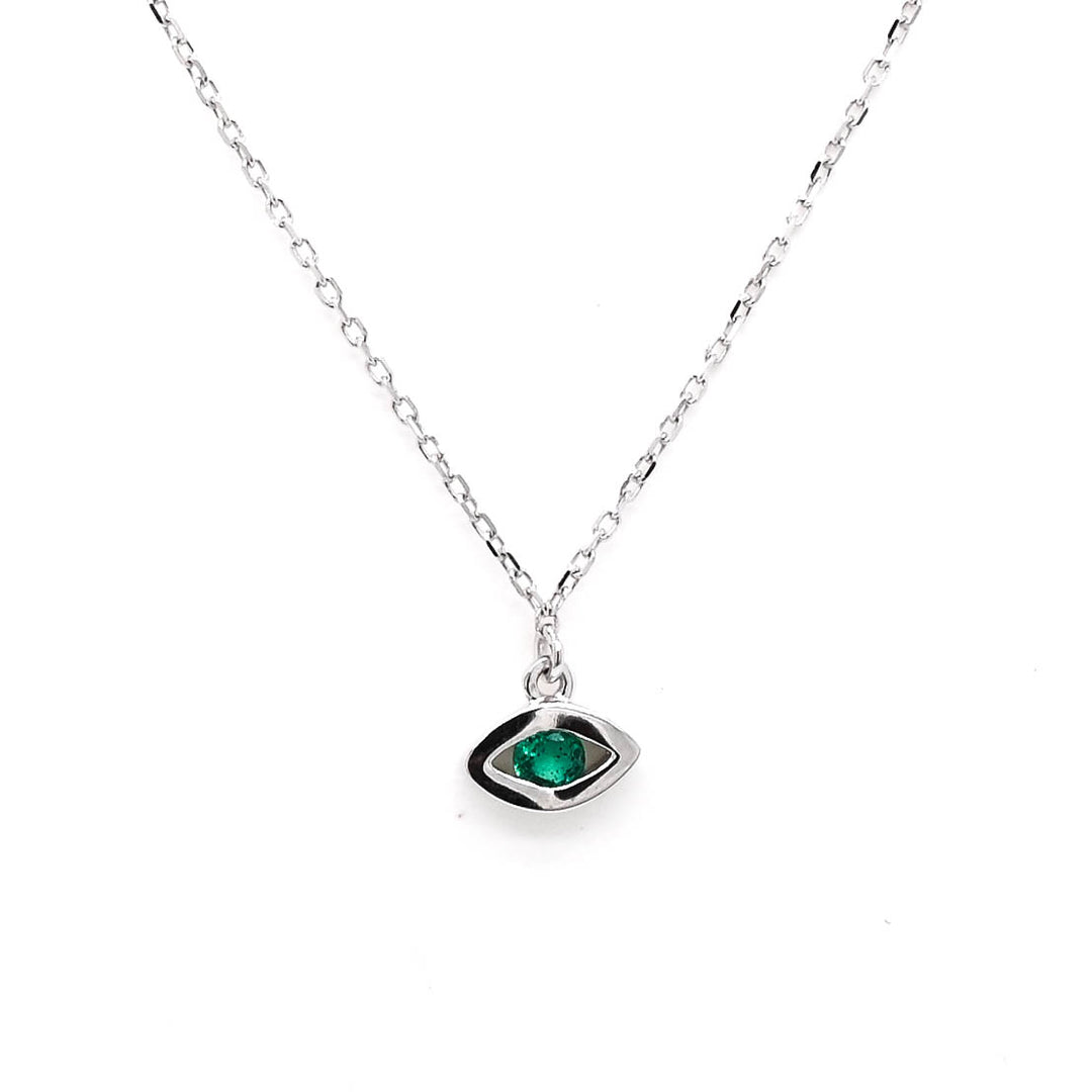 14KT White Gold 18" Round Shape Emerald Evileye Necklace.