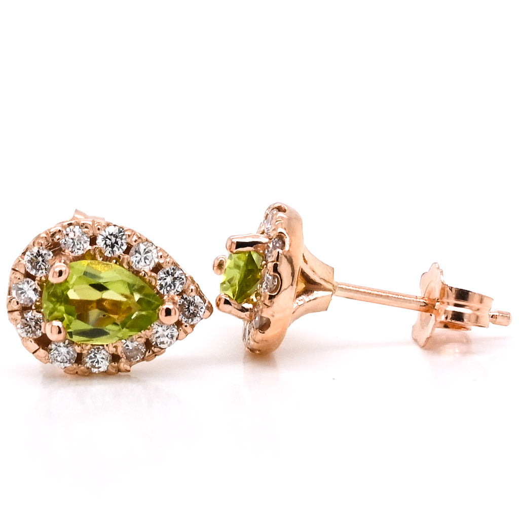 14KT Rose Gold Pear Shape Peridot and Diamond Halo Set Earrings.