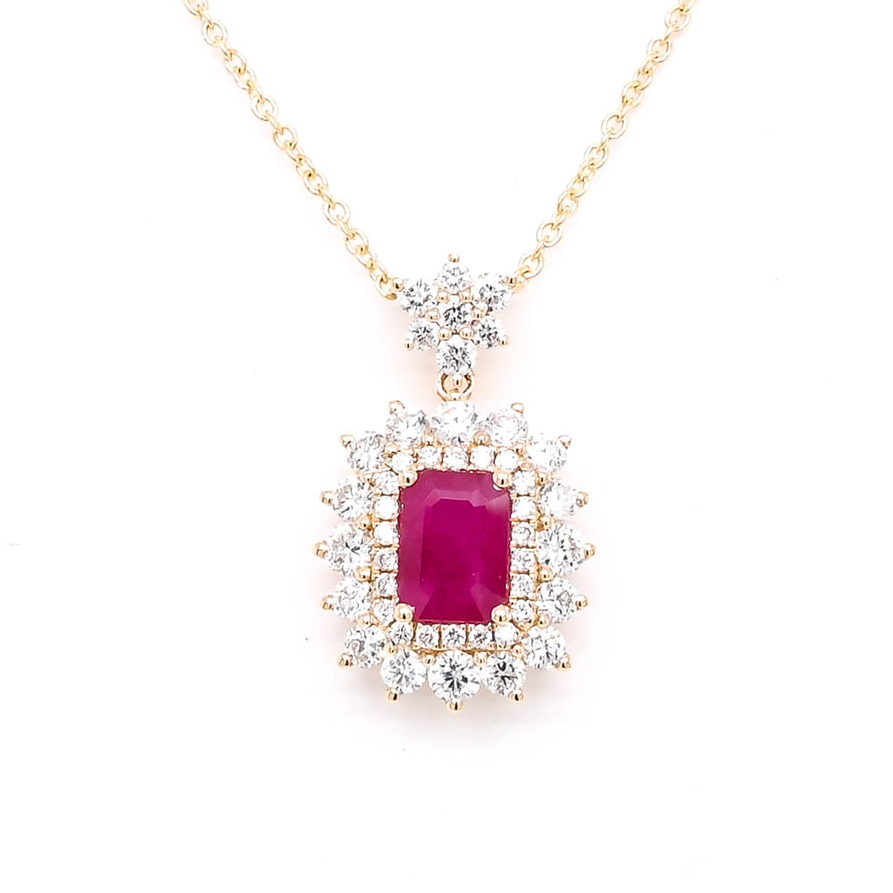 14KT Yellow Gold 18" 0.93CT Emerald Shape Ruby & Diamond Cluster Neckl