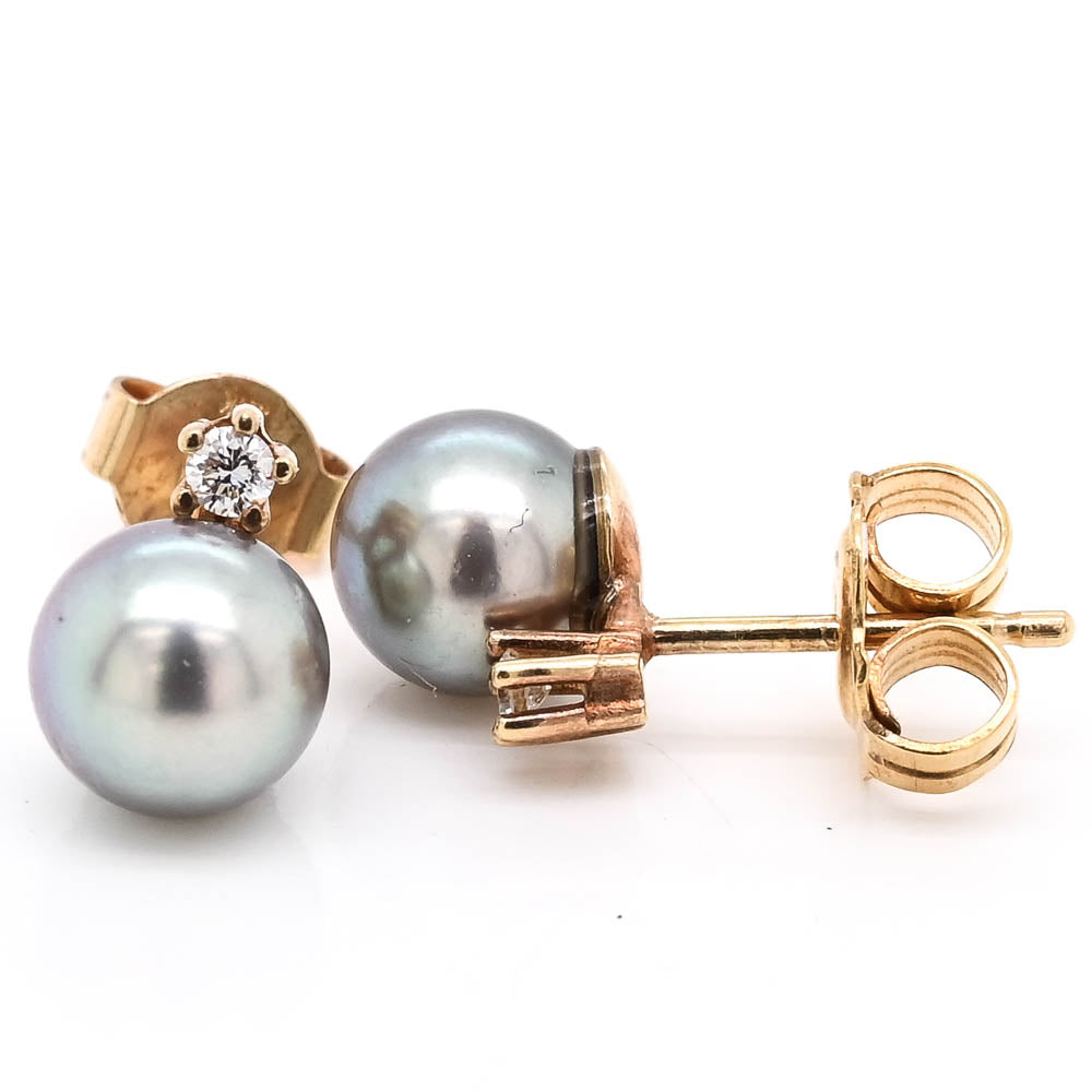 18KT Yellow Gold 7-7.5mm Pearl & C.Z Stud Earrings.