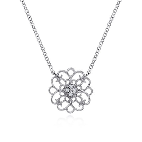 Gabriel & Co Sterling Silver 18" Filigree 0.04CTW White Sapphire Pendant Necklace.