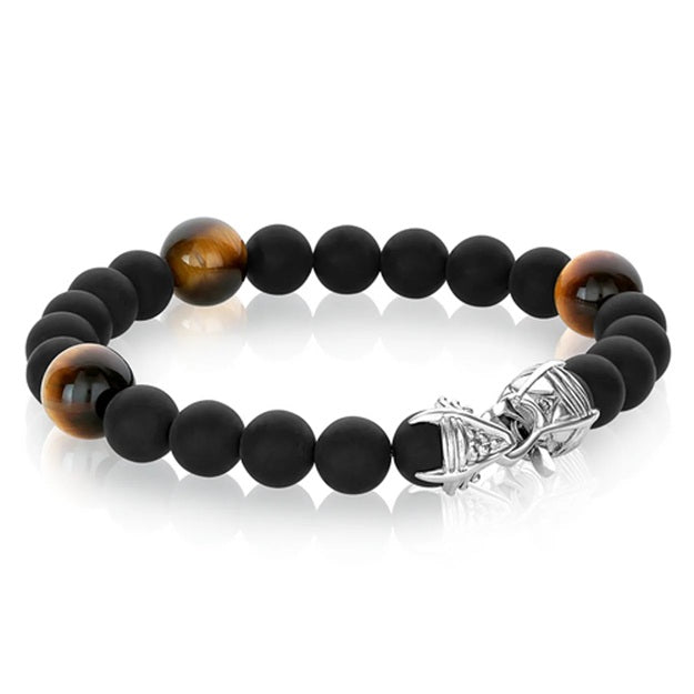 Italgem steel 8.2" Black Onyx & Yellow Tigers Eye 8mm Bead Bracelet.