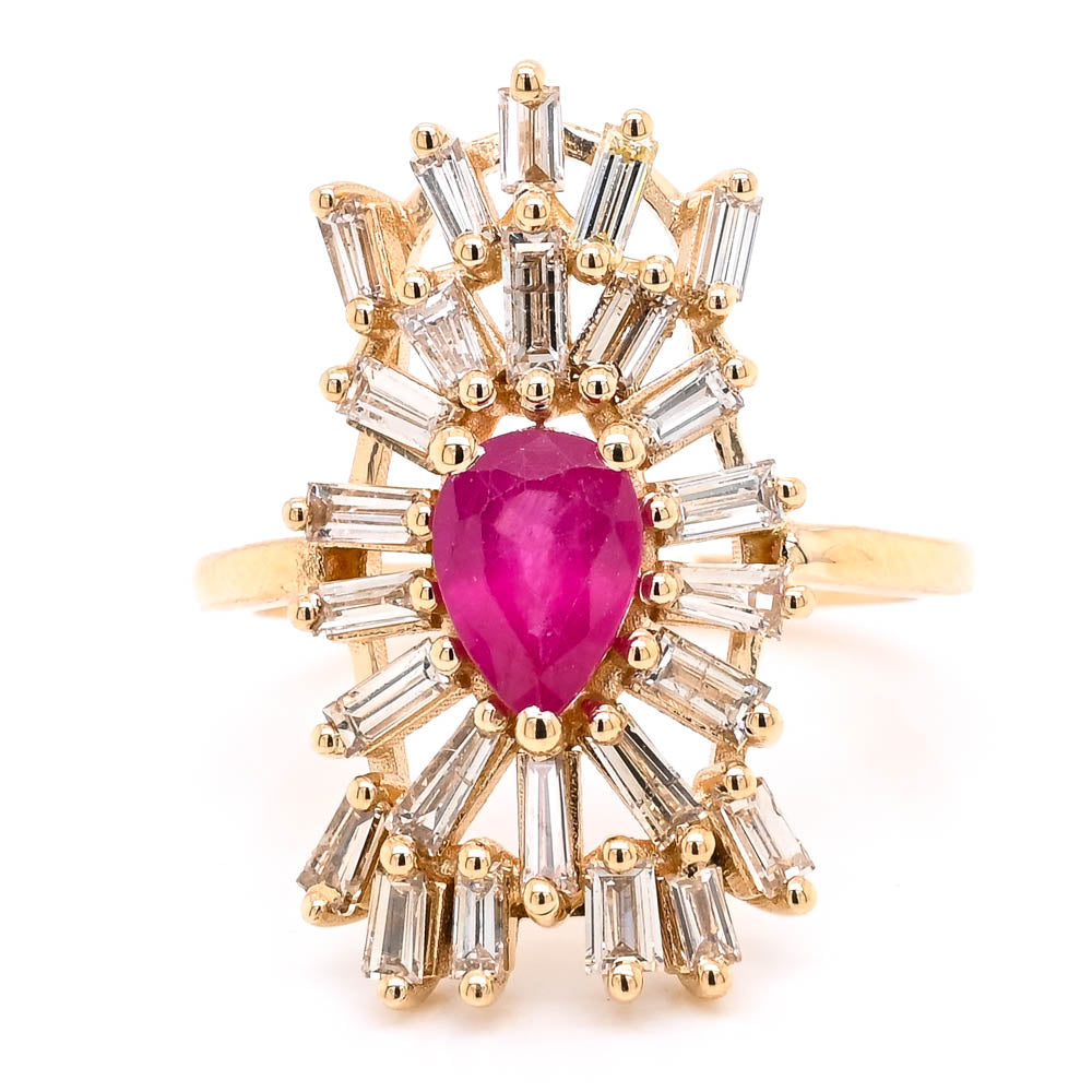 14KT Yellow Gold 0.84CT Pear shape Ruby & Diamond Cluster Ring. 
Di