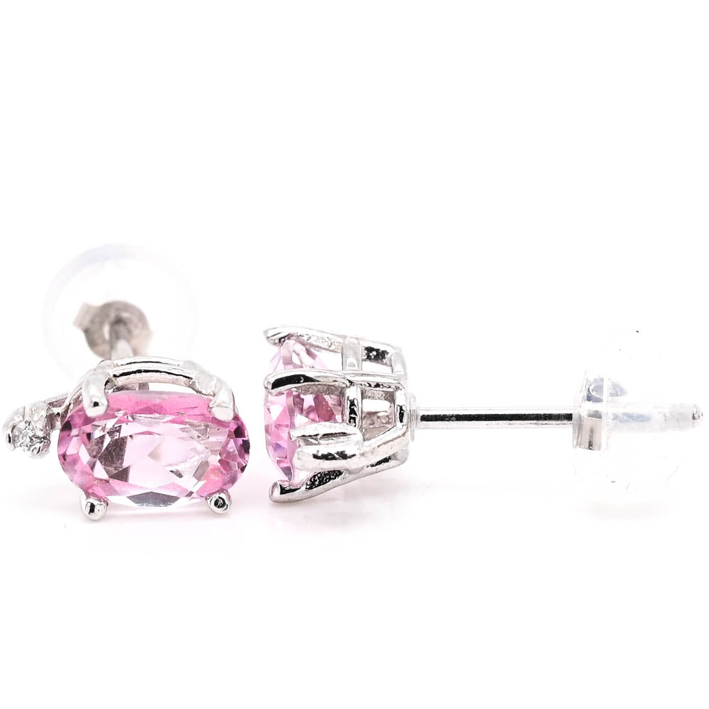 10KT White Gold Pink Topaz & Diamond Stud Earring.