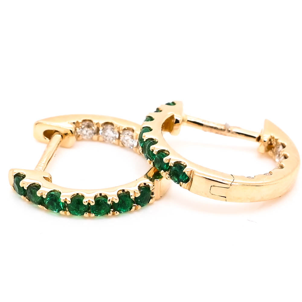 14KT Yellow Gold 0.21CTW Emerald & Diamond Huggies Earrings.