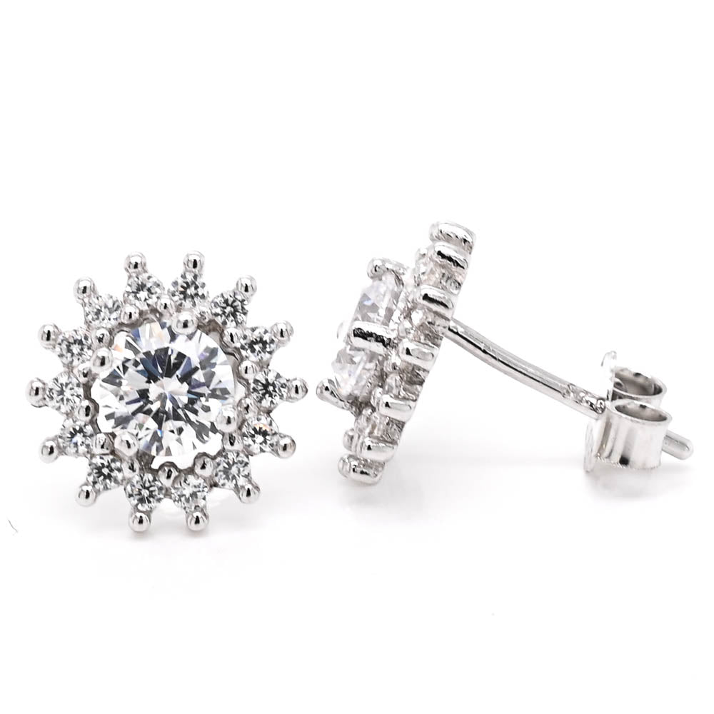 Sterling Silver 11mm C.Z Sunburst Stud Earrings.