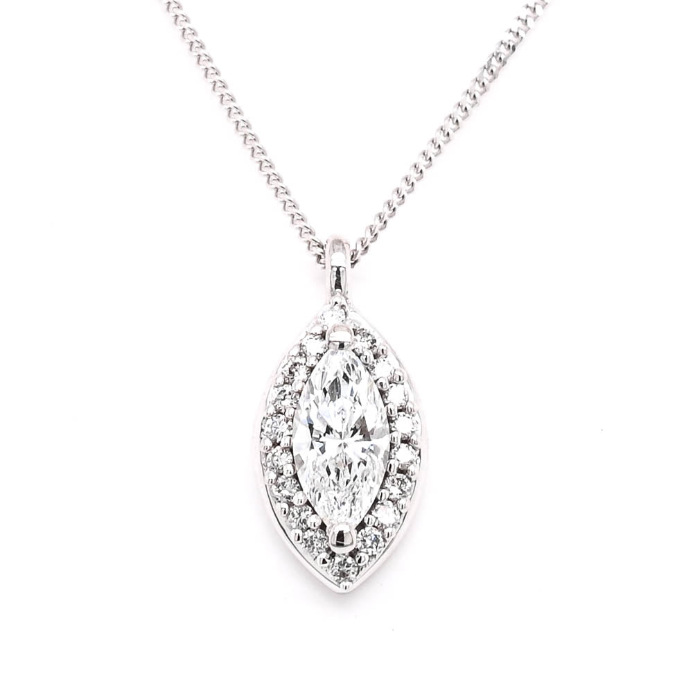 LUJO 10KT White Gold 18" 0.32CTW Marquise Shape LAB Created Halo Set Diamond Necklace.