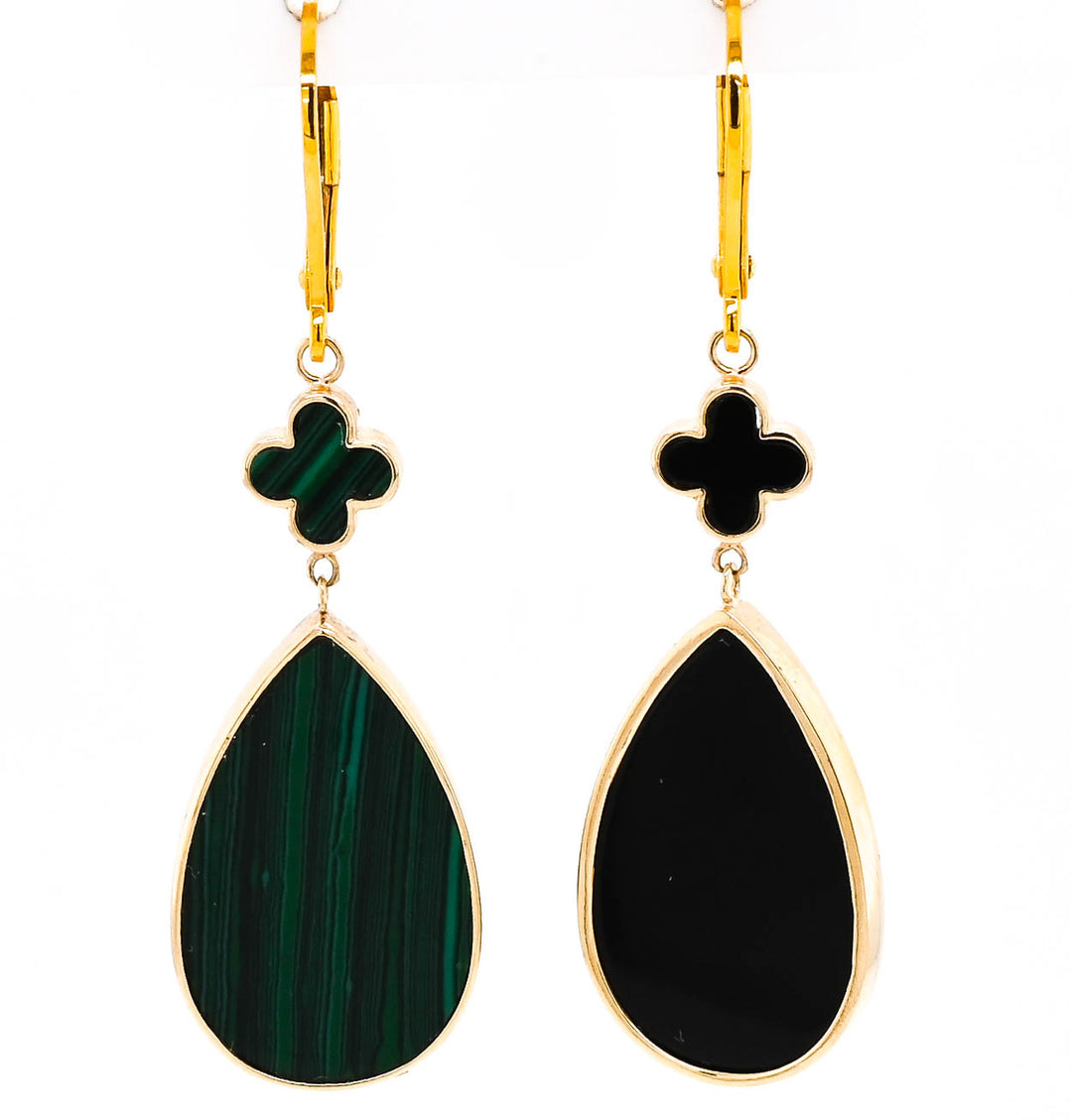 14KT Yellow Gold Black Onyx & Malachite Reversable Leverback Earrings.